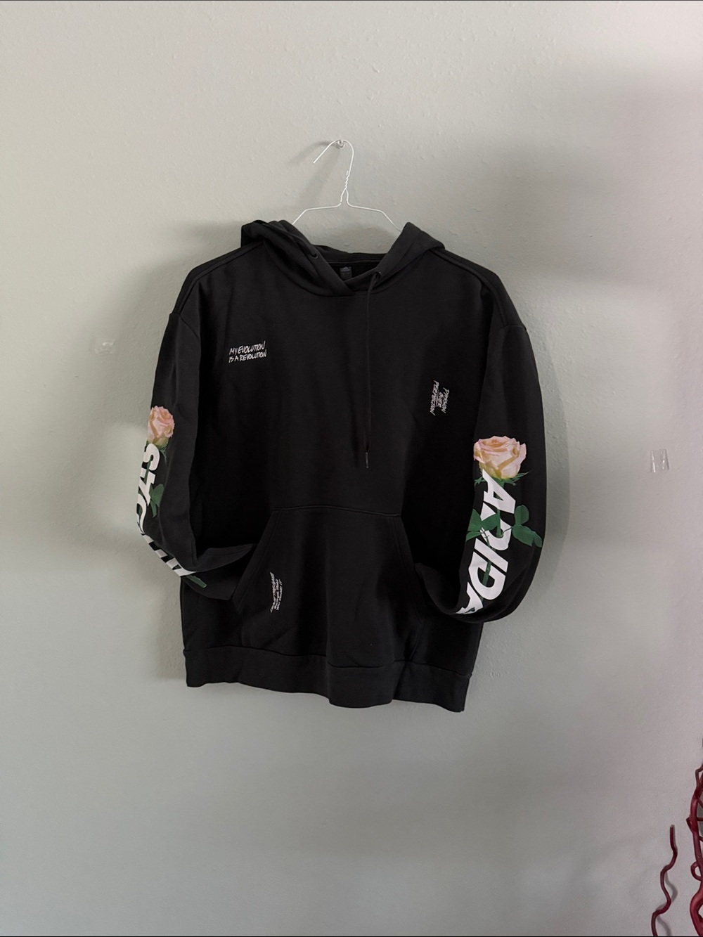 adidas Black Hoodie with Pink Rose Sleeve Graphics